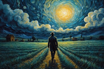 A lone figure walking through a field of melting clocks, under a swirling Van Gogh sky - obrazy, fototapety, plakaty