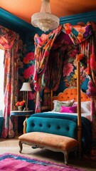 A maximalist bedroom with a vibrant floral wallpaper, a canopy bed adorned with colorful fabrics, and mismatched vintage nightstands
