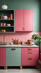 Modern Pink and Green Kitchen Interior with Gold Accents