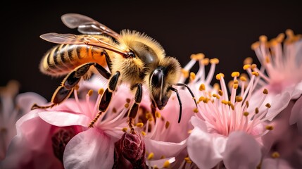 A macro shot of a bee collecting pollen from a flower, with fuzzy textures of the bee's body and delicate petals