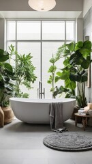 Modern Eco-Friendly Bathroom with Lush Green Plants and Freestanding Bathtub