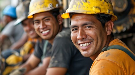 Smiling construction workers, Labor day concept. - obrazy, fototapety, plakaty