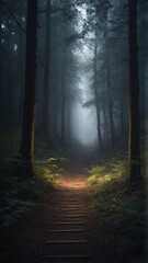 Mystical Forest Pathway in Morning Mist