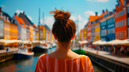 Tourist overlooking colorful Nyhavn harbor in Copenhagen, Denmark.