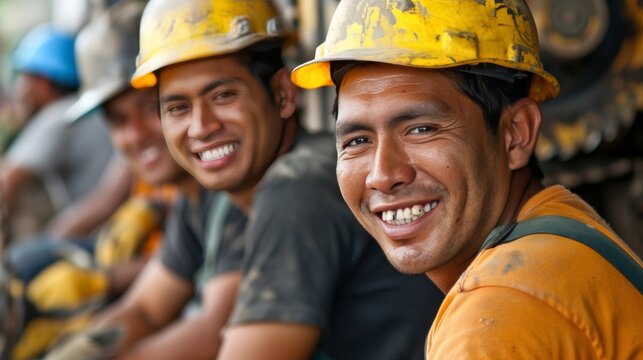 Smiling construction workers, Labor day concept.