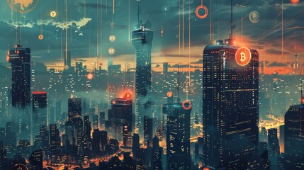 Futuristic cityscape with cryptocurrency symbols, glowing neon lights, and digital finance concept - obrazy, fototapety, plakaty