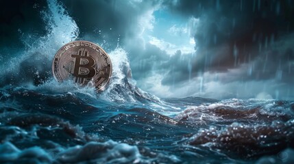 Bitcoin coin in stormy seas, metaphor for cryptocurrency market volatility and uncertainty - obrazy, fototapety, plakaty