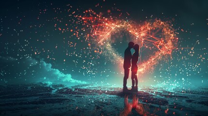 Silhouetted couple kissing within a heart-shaped network of lights, symbolizing love in the digital age - obrazy, fototapety, plakaty