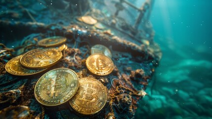 Bitcoin coins on a sunken shipwreck, depicting cryptocurrency risks and underwater investments - obrazy, fototapety, plakaty