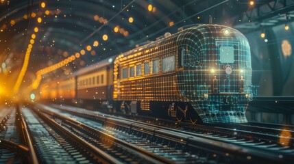 Conceptual train hologram on tracks, merging transportation with futuristic digital technology