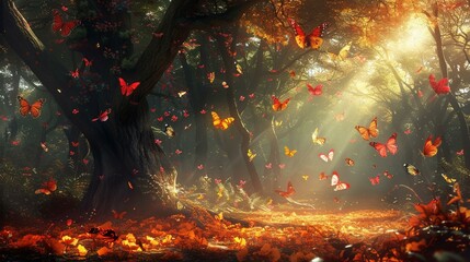 An enchanted forest, where the leaves are scales from countless butterflies - obrazy, fototapety, plakaty