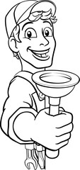 Plumber or handyman cartoon mascot holding a plumbing drain or toilet plunger. Peeking around a sign