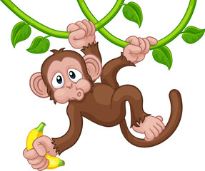 A monkey cartoon character singing on jungle vines with banana - 783582596