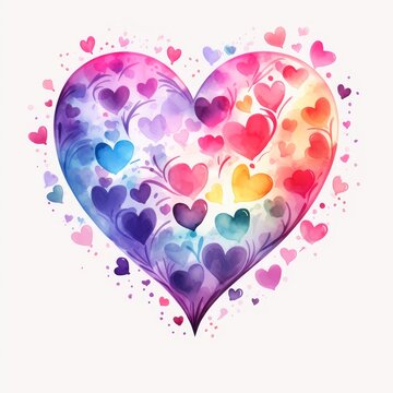 A watercolor painting of a heart made of many smaller hearts. The colors are pink, purple, blue, green, yellow, and orange.