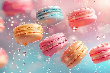A shower of colorful macarons, pastel sky, dessert rain