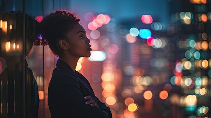 An empowering shot of a businesswoman standing against a backdrop of city lights