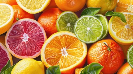 Bright and colorful citrus fruits arranged in a lively