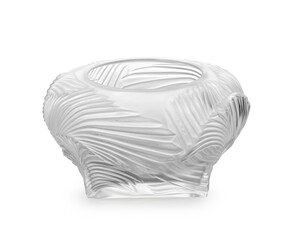 Sculptural Frosted Glass Bowl with Swirling Leaf Pattern - Isolated on White Background, Clipping Path Included