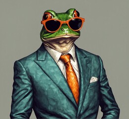 Mascot Frog businessman with binoculars looking up