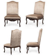 Set of Four Beige Upholstered Dining Chairs with Carved Detailing - Isolated on White Background,...