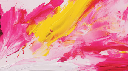 Vibrant strokes of fuchsia pink and sunny yellow on a pristine white background, creating a visually stimulating contrast. - obrazy, fototapety, plakaty