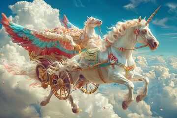 A chariot pulled by winged horses, delivering rainbow desserts across the skies