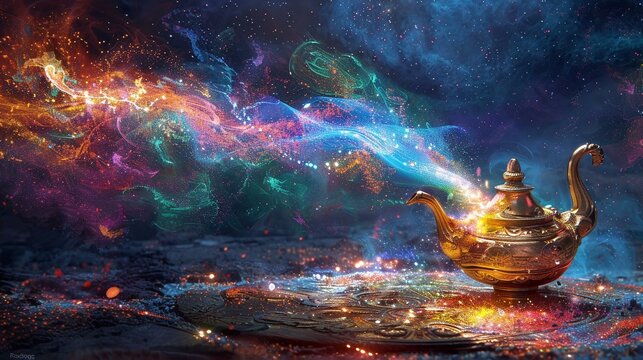 A dessert djinni emerging from a lamp, granting wishes of rainbow delights