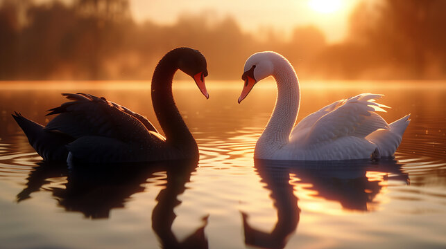 Black and White Swan Pair on a Misty Lake at Dawn, Reflection of Elegance