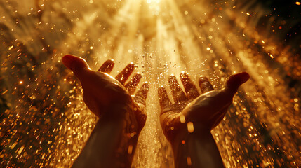 Hands Receiving a Shower of Golden Sparks, Blessing from the Sky