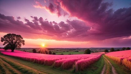 A breathtaking view of a vibrant lavender field under a dramatic sunset sky, with sun rays piercing through the clouds above a solitary tree.. AI Generation