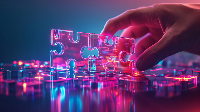 Conceptual Puzzle Assembly, Neon Reflections and Strategic Touch