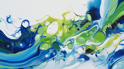 Vibrant swirls of cerulean blue and lime green on a pristine white surface, evoking a feeling of tranquility and serenity.