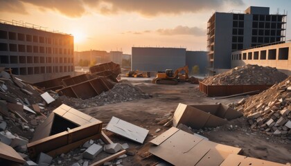 Fototapeta premium A serene twilight sky overlooks a demolition site strewn with debris and a solitary excavator amidst the remnants of buildings.. AI Generation