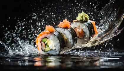 Fall of sushi, with water splashes, on the black background. Japanese cuisine