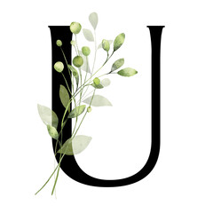 Letter U, floral monogram with watercolor leaf. Letterhead, initial perfectly for wedding invitation, greeting card, logo, poster and other design. Holiday design hand painting.