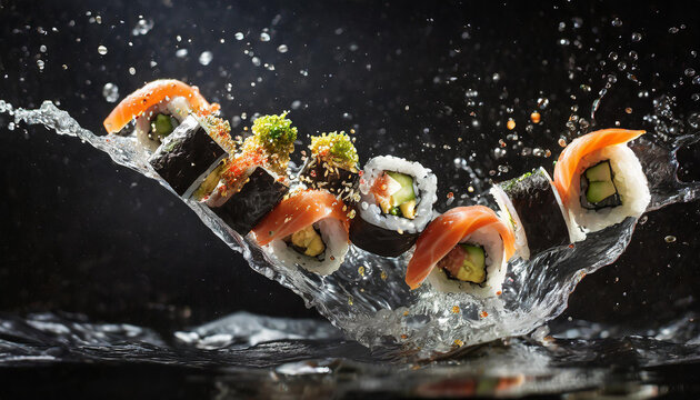 Fall of sushi in water on black background