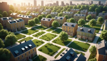 A tranquil suburban neighborhood with uniform houses and manicured lawns, radiating warmth and community in the golden hour light.. AI Generation