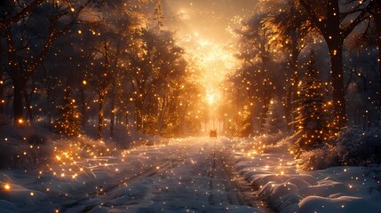 A magical winter wonderland scene with a snow-covered forest, twinkling stars, and a sleigh pulled by reindeer in the distance - obrazy, fototapety, plakaty