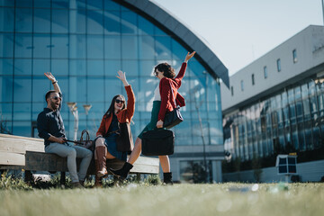 Excited professional woman with arms raised approaching colleagues sitting on bench outside modern...