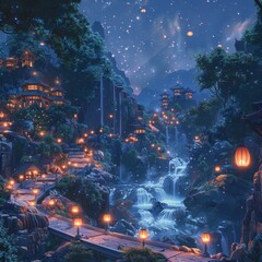 Lunar Lantern lit pathways lead through Nebula Nectar forests - obrazy, fototapety, plakaty