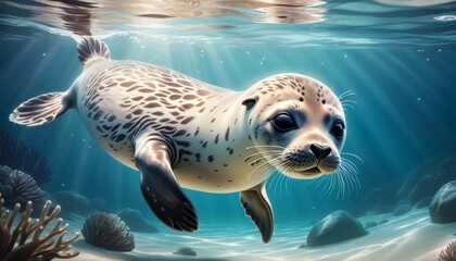 Fototapeta premium A spotted seal pup glides through clear blue underwater, with intricate details of marine life and rocks below.. AI Generation