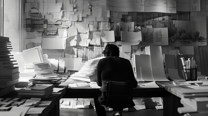 A black and white image of an architect sitting at their desk surrounded by piles of crinkled paper...