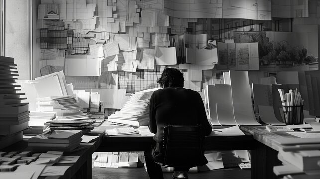 A black and white image of an architect sitting at their desk surrounded by piles of crinkled paper and architectural models as they work through different ideas for their next project. .