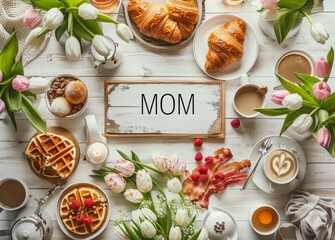 A lovingly prepared Mother's Day breakfast with blooming tulips, pastries, and a personalized note for mom.