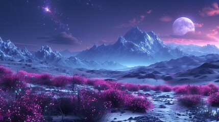 A distant planet with bioluminescent flora and mysterious extraterrestrial landscape with mountains and snow