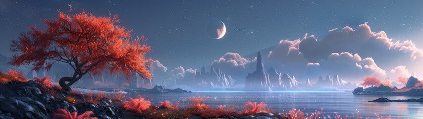 Lake on a distant planet with bioluminescent flora and mysterious extraterrestrial landscapes, super ultrawide background