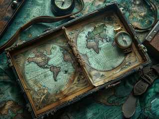 Fototapeta na wymiar Ancient world maps and navigation instruments adventure equipment