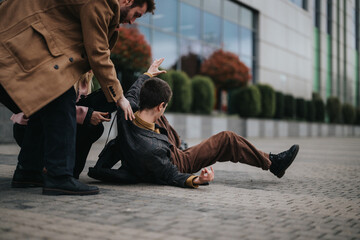 Business professionals in casual attire helping a coworker who has fallen down on a city street,...