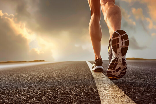 A runner is on a road with a cloudy sky in the background. The runner is wearing a black shoe and is looking ahead