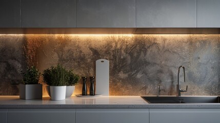 A modern kitchen with a polished plaster backsplash creates a unique and eyecatching element. The reflective surface adds depth and dimension to the otherwise sleek and minimalistic . - obrazy, fototapety, plakaty